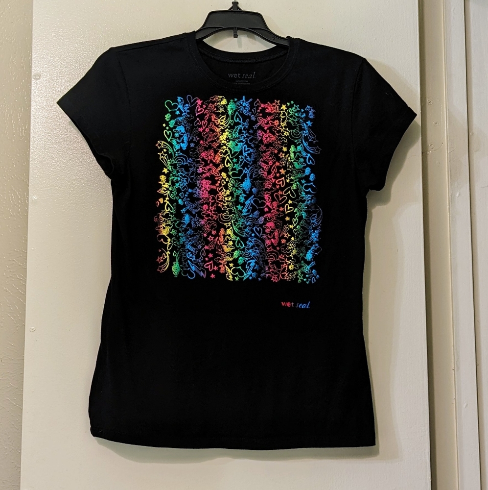 LN Girls Wet Seal Black & Colorful Tee Shirt L